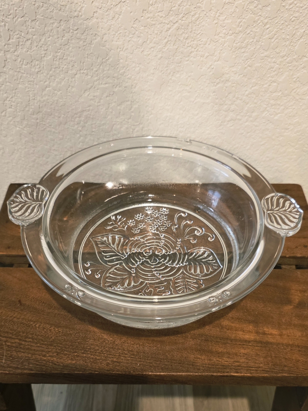 Clear Floral Glass Serving Bowl with Leaf Handles